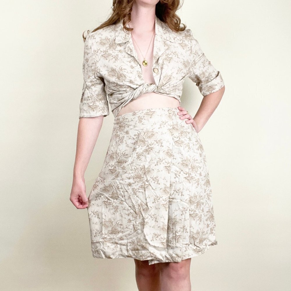 Vintage Two Piece Linen Matching Midi Skirt Set Floral Blouse Top Coastal Boho